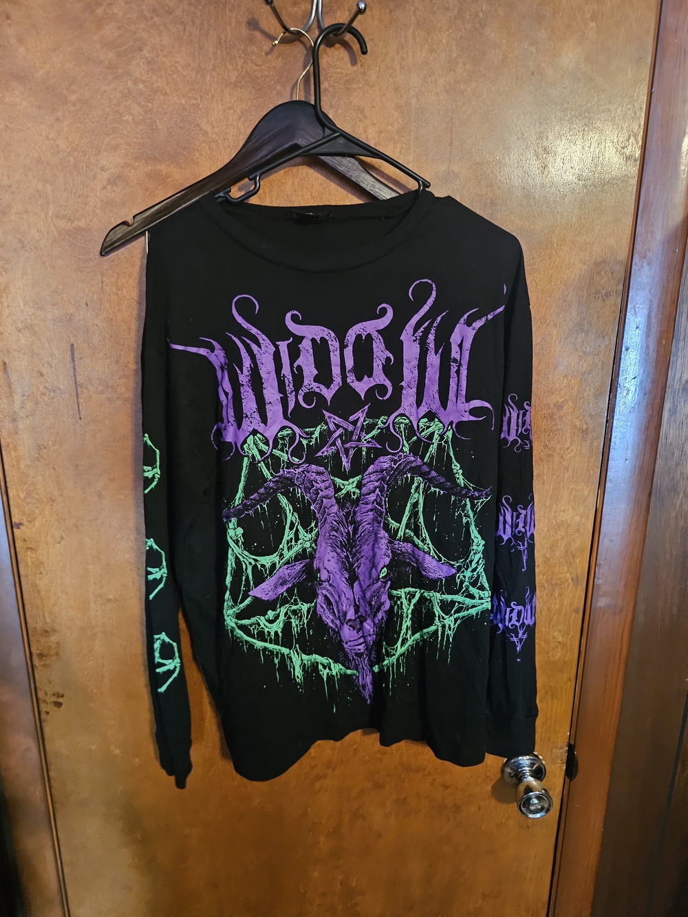 Dolls Kill Black Long Sleeve Tee with Purple & Green Graphic